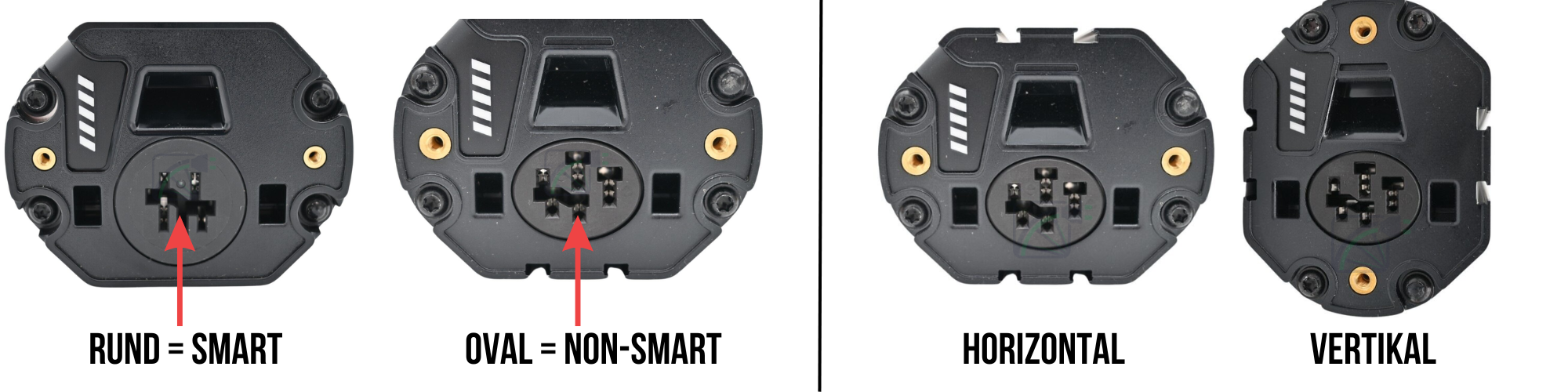 Diese Abbildung zeigt grafisch, wie eine Bosch PowerTube-Verbindung aussieht, wenn sie SMART oder nicht SMART ist. Es zeigt auch grafisch, wie ein Bosch PowerTube aussieht, wenn er horizontal oder vertikal ist.