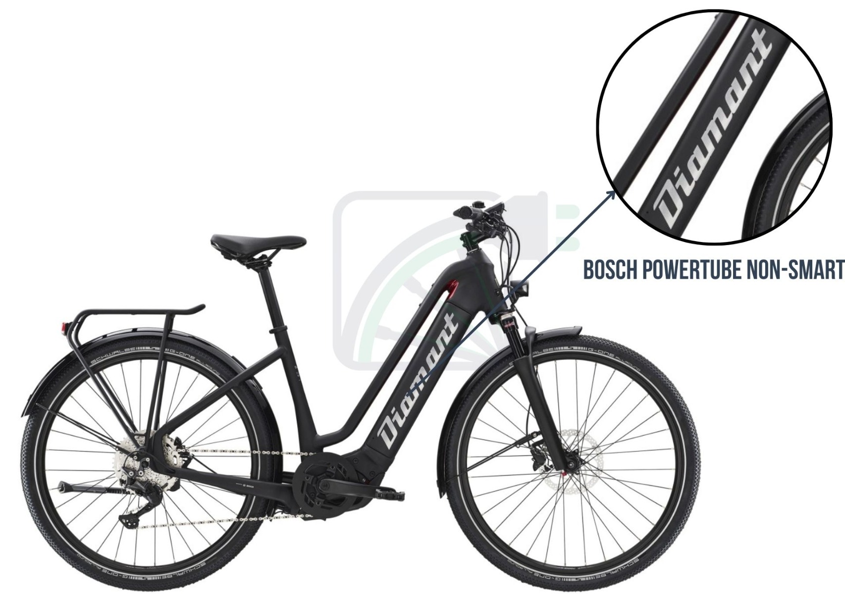 Bild eines Elektrofahrrads, bei dem die Fahrradbatterie in diesem Fahrrad hervorgehoben ist. In diesem Fall ist es die Bosch Powertube.